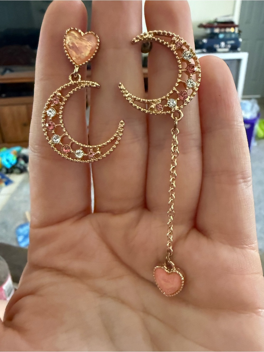 Hot Topic Gold-Tone Crescent Moon Earrings with Pink Hearts & Crystals